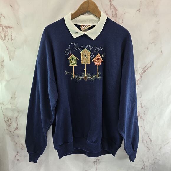 Vintage Tops - Vintage Sweatshirt Womens XL Navy Double Collar Granny Bird Chickadee Pinecone